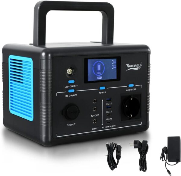 Generador solar portátil NOVONOVA SY-CN001 – 518 Wh – 500 W – Estación de energía con Bluetooth y USB – Camping y emergencias
