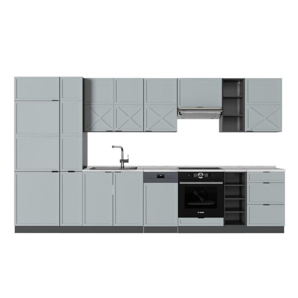 Cocina modular Vicco Fame-Line 355 cm – Azul grisáceo y antracita – Encimera efecto mármol PT